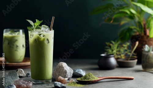 Refreshing green matcha iced drink