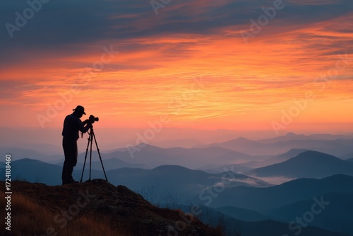 Silhouette photographer atop mountain at sunrise