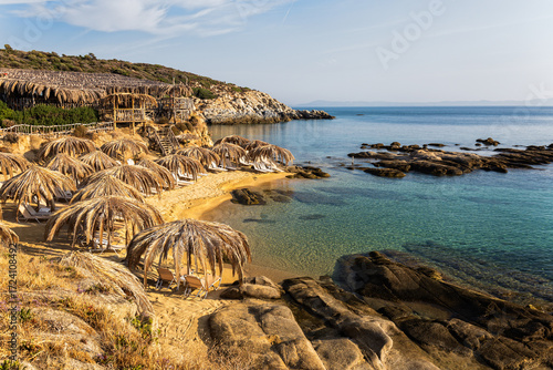Peaceful sunrise over Tigania Beach, Sithonia, Halkidiki, Greece