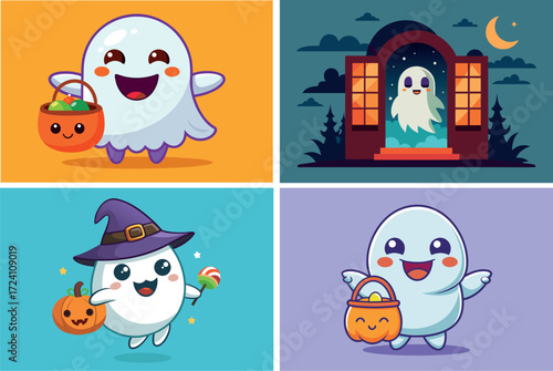 Cute cartoon ghosts celebrating halloween trick or treating fun with pumpkins and candy