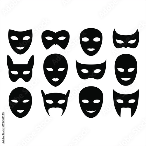 A set of twelve black silhouette carnival masks, a collection of anonymous hero and villain icons for parties and festivals