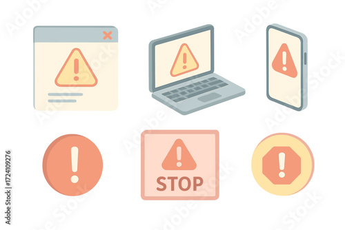 System Alert Icons. Isometric vector illustration set of system alert icons: warning popup window, laptop with alert symbol,