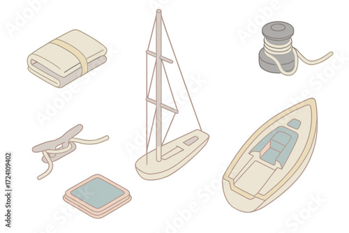 Sailboat Equipment Icons. Isometric vector illustration set Sailboat Equipment: folded sailcloth bundle, mast with attached