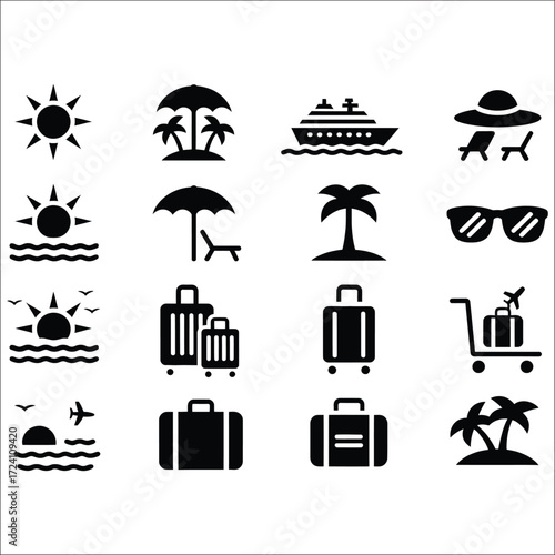 Set of 18 black and white minimalist icons representing travel, vacation, and leisure activities