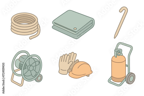 Balloon Crew Tools. Isometric vector illustration set Balloon Ground Crew Tools: rope coil, tarp sheet, anchor stake, fan for
