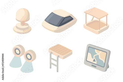 Modern Yacht Features. Isometric vector illustration set Modern Yacht Features: radar dome, tinted cabin windows, retractable