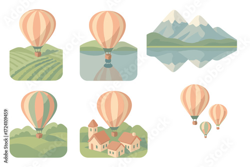 Scenic Balloon Voyage. Isometric vector illustration set Scenic Balloon Tourism: balloon floating over vineyard, lake reflection
