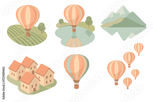Scenic Balloon Voyage. Isometric vector illustration set Scenic Balloon Tourism: balloon floating over vineyard, lake reflection