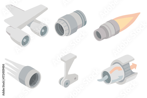 Aircraft Thrust Components. Isometric vector illustration set Aircraft Thrust Systems: twin jet engine under wing, thrust