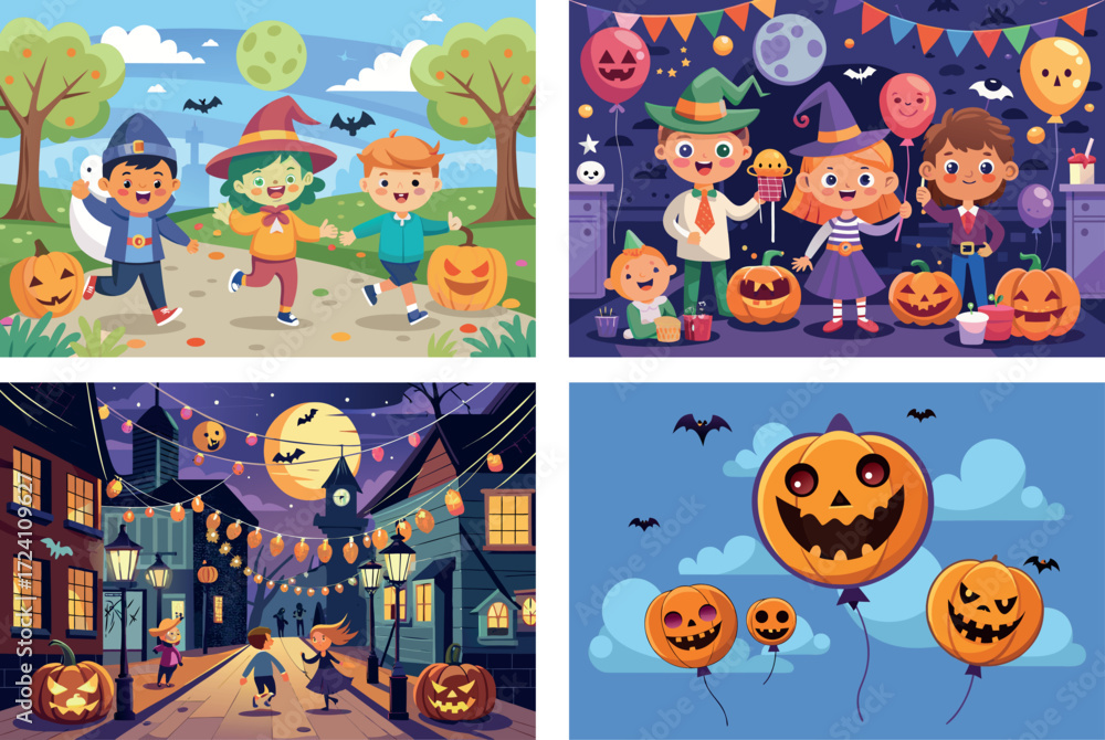 Fototapeta premium Four spooky and fun halloween scenes featuring children costumes pumpkins and decorations