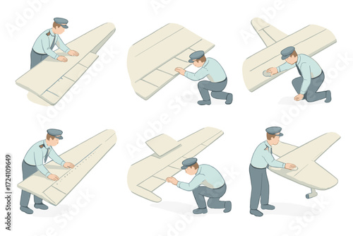 Aviation Safety Inspection. Isometric vector illustration set Wing Inspection and Safety: pilot checking aileron hinge, flap