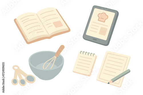 Cooking Prep Icons. Isometric vector illustration set Recipe and Cooking Prep: open recipe book with notes, digital tablet with