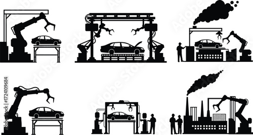vector silhouettes of excavator and construction