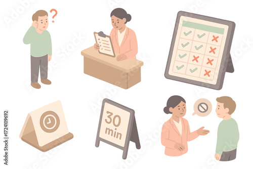 Reservation System Dynamics. Isometric vector illustration set Walk-In vs Reservation System: walk-in guest with puzzled look,