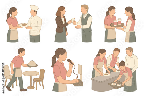 Restaurant Team Dynamics. Isometric vector illustration set Restaurant Team Dynamics: waitress handing plate to chef, hostess
