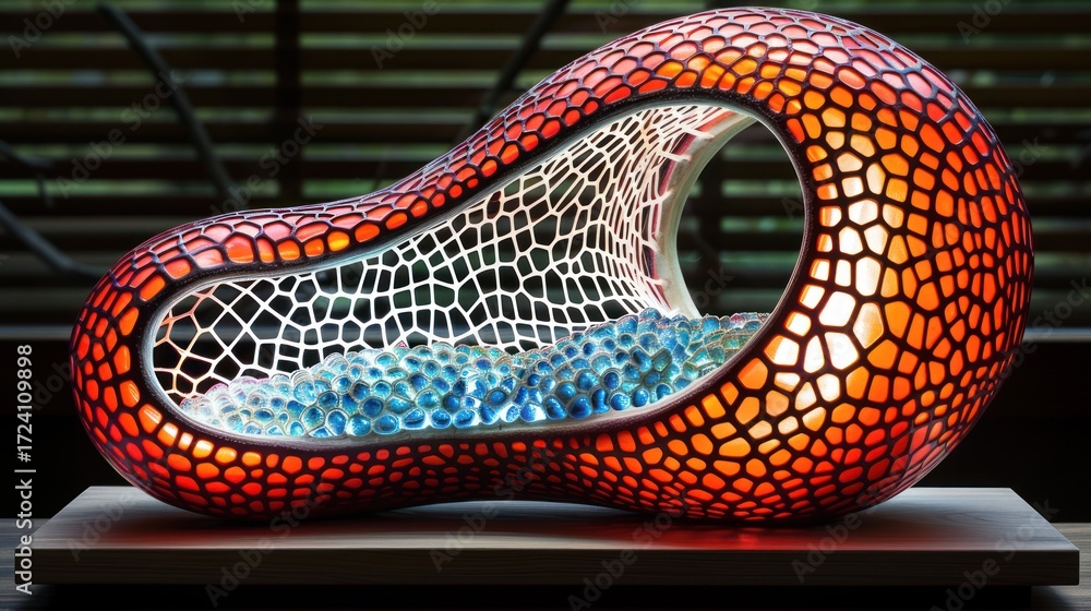 Fototapeta premium Luminous Red and Blue Glass Sculpture: A Modern Art Piece