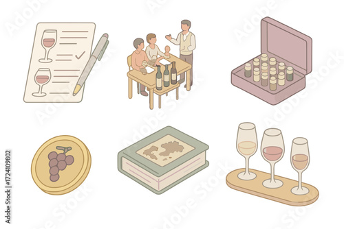 Sommelier Training Icons. Isometric vector illustration set Sommelier Training and Certification: tasting exam sheet, classroom