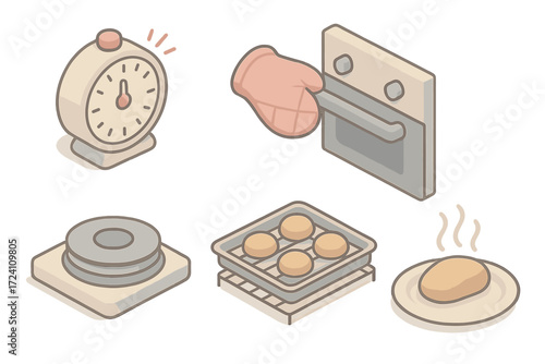Cooking Process Icons. Isometric vector illustration set Cooking Process Icons: timer beeping at zero, mitt reaching for oven