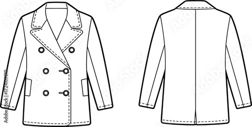 Double-breasted coat sketch, fashion illustration, notched lapel, flap pockets, technical drawing, garment construction, sewing pattern, outerwear design, apparel template
