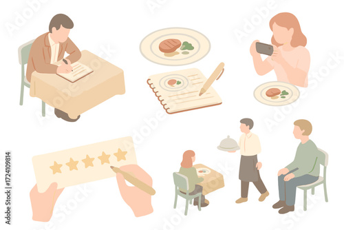 Restaurant Critique Vignette. Isometric vector illustration set Restaurant Review Scene: critic writing at table, plate
