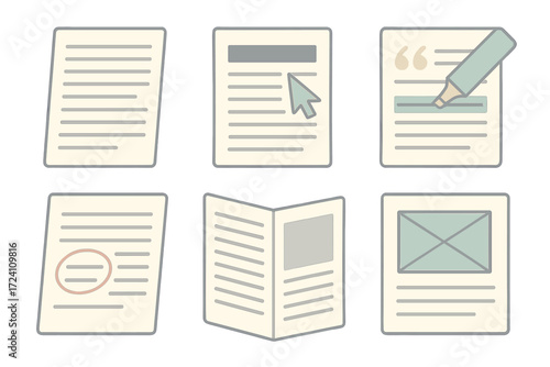 Review Drafting Essentials. Isometric vector illustration set Published Review Drafting: typed article sheet, headline being