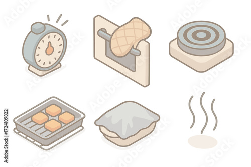 Cooking Process Icons. Isometric vector illustration set Cooking Process Icons: timer beeping at zero, mitt reaching for oven