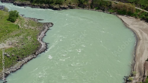 Aerial view of the valley with the river between the mountains