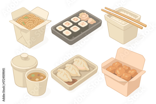 Asian Takeout Icons. Isometric vector illustration set Asian Takeout Dishes: takeout box with noodles, sushi tray with pickled