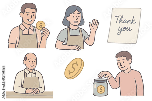 Service Gratitude Icons. Isometric vector illustration set Service Gratitude Visuals: barista smiling with tip in hand, server