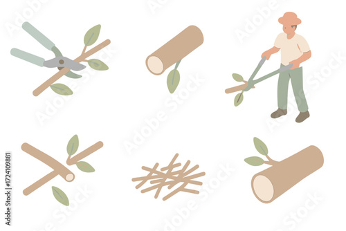 Branch Cutting Icons. Isometric vector illustration set Branch Cutting Actions: shears slicing thin branch, branch mid-cut with