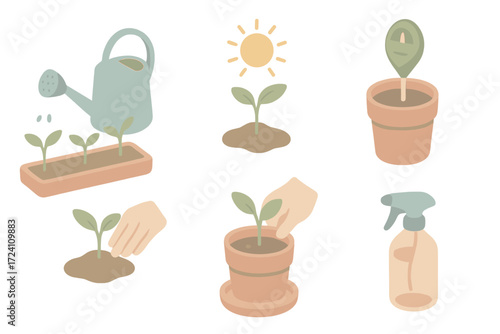 Plant Care Icons. Isometric vector illustration set Plant Care Routine: watering can next to seedlings, sun shining on sprout,