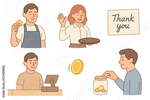 Service Gratitude Icons. Isometric vector illustration set Service Gratitude Visuals: barista smiling with tip in hand, server