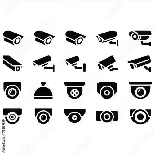 A set of 20 black and white security camera icons for surveillance and monitoring applications, showcasing various designs