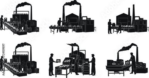 Factory workers operating conveyor belt, food production line, packaging process, industrial manufacturing, automation, warehouse, logistics, supply chain, distribution, shipping