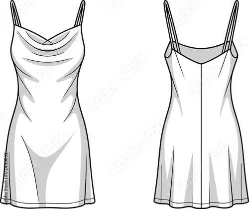 Women’s cowl neck slip dress CAD flat sketch, spaghetti strap dress fashion technical drawing, garment vector template, clothing cad illustration, apparel design outline, sewing flat