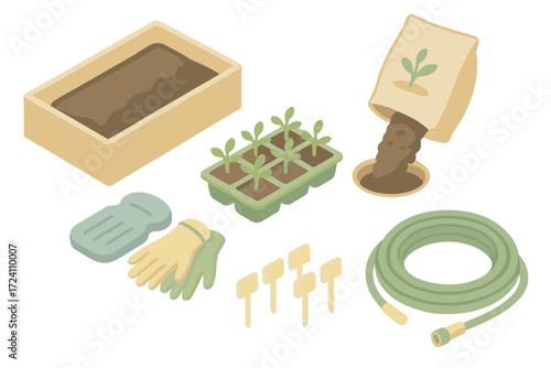 Outdoor Transplant Essentials. Isometric vector illustration set Outdoor Transplant Setup: raised bed half-filled with soil,