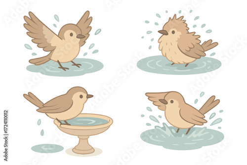 Birds Enjoying Birdbath. Isometric vector illustration set Birds Bathing and Splashing: bird fluttering in shallow water, feathers