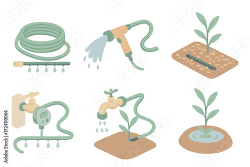 Water-Efficient Gardening Icons. Isometric vector illustration set Water-Efficient Gardening: hose with drip irrigation line,