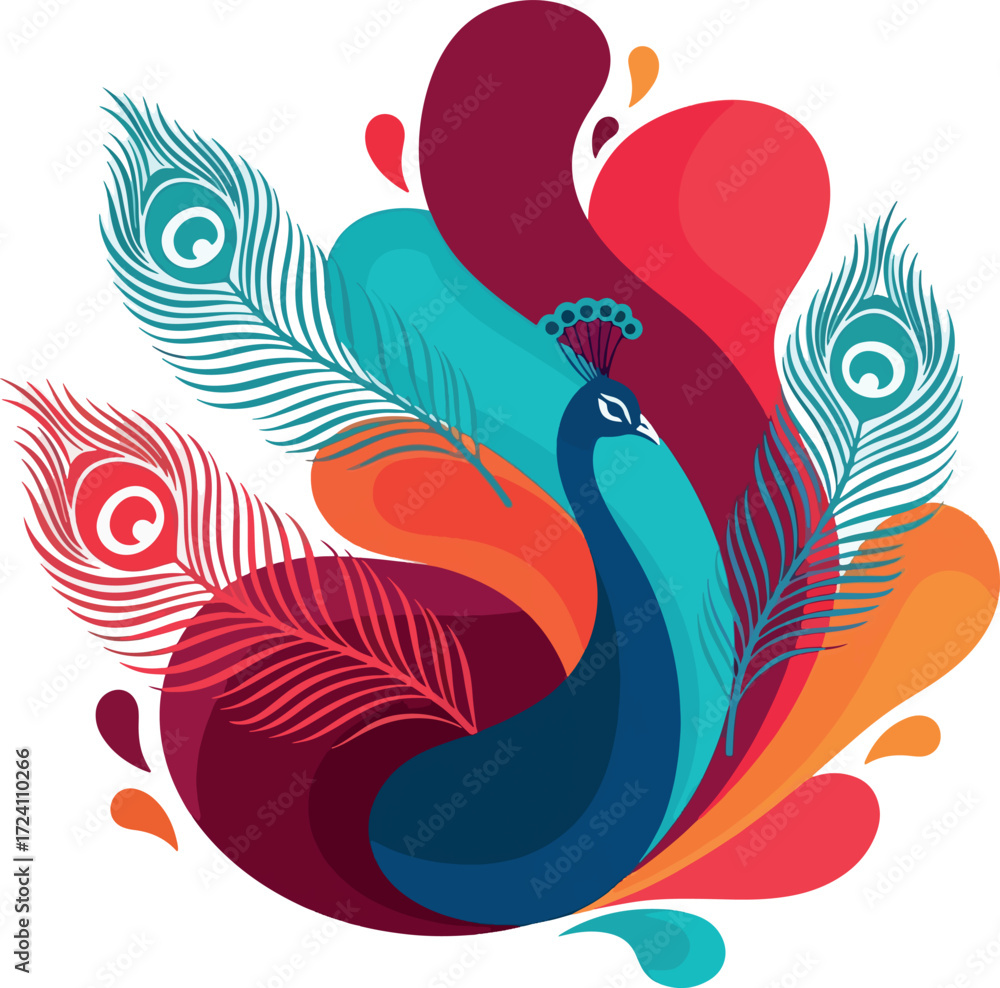 Fototapeta premium Elegant Peacock Illustration with Vibrant Feathers and Fluid Shapes