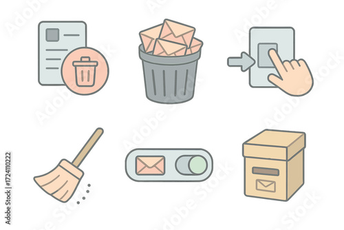 Email Cleanup Icons. Isometric vector illustration set Email deletion and cleanup: mass delete icon, trash bin with bulk emails,