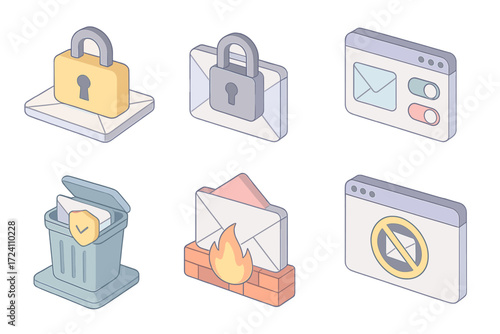 Email Security Tools. Isometric vector illustration set Email client security tools: lock over mail app icon, encrypted inbox