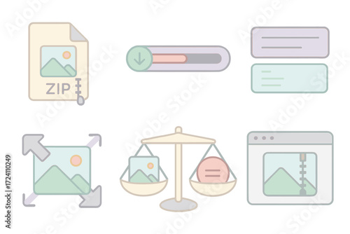 Image Compression Icons. Isometric vector illustration set Image compression and size: compressed image zip icon, file size