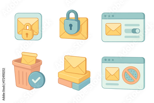 Email Security Tools. Isometric vector illustration set Email client security tools: lock over mail app icon, encrypted inbox