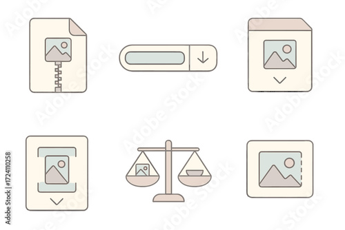 Image Compression Icons. Isometric vector illustration set Image compression and size: compressed image zip icon, file size