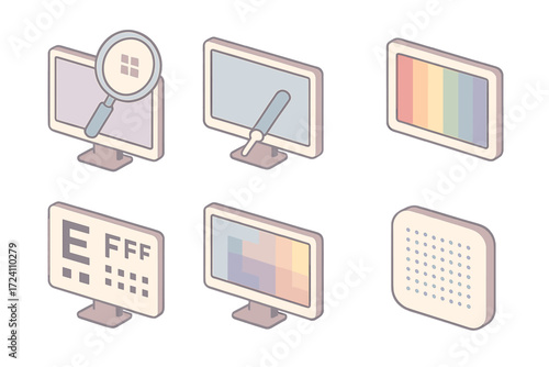 Diagnostic Vector Icons. Isometric vector illustration set Display quality diagnostics: dead pixel detector icon, screen