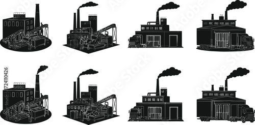 Industrial factory vector set, black and white buildings, chimneys, trucks, pipelines, manufacturing, logistics, architecture, machinery, smoke, infrastructure, illustration