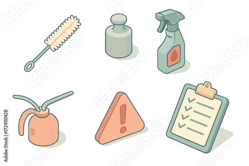 Centrifuge Maintenance Essentials. Isometric vector illustration set Centrifuge maintenance tools: tube brush cleaner, calibration