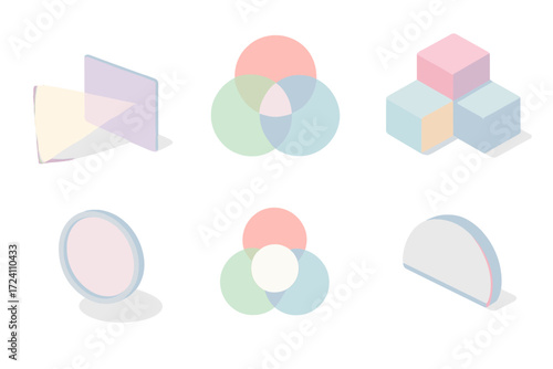 Color Interaction Diagrams. Isometric vector illustration set Light and color interaction: color filter over light beam,