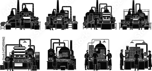 Industrial manufacturing, factory workers, machinery operation, production line, black and white silhouette, assembly process, control panel, furnace, conveyor belt