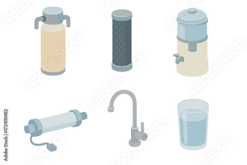 Water Purification Icons. Isometric vector illustration set Water purification methods: sand filter column, charcoal cartridge,